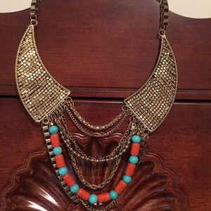 Necklace w/turquoise & coral stones 25” long NWOT